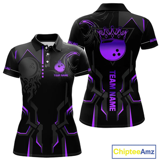 Black and Purple Bowling Polo, Quarter Zip Shirts For Women Custom Bowling Crown Team Jerseys Outfits NQS11223