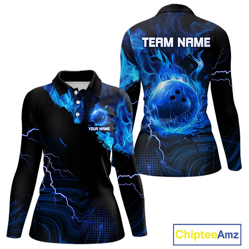 Black & Blue Flame Lightning Thunder Bowling Shirt For Women Custom Bowling Team Jersey, Bowlers Gift NQS11227