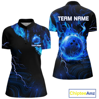 Black & Blue Flame Lightning Thunder Bowling Shirt For Women Custom Bowling Team Jersey, Bowlers Gift NQS11227