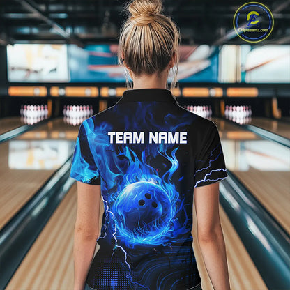 Black & Blue Flame Lightning Thunder Bowling Shirt For Women Custom Bowling Team Jersey, Bowlers Gift NQS11227