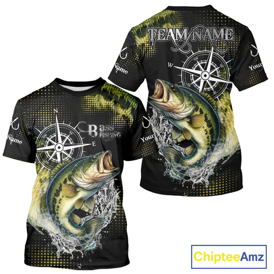 Personalized Black and Green Bass fishing scales compass Performance long sleeve Fishing Team Shirts NQS11725
