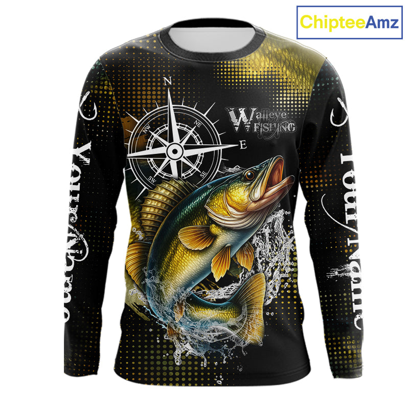 Custom Black and Yellow Walleye fishing scales compass Performance long sleeve Fishing Team Shirts NQS11726