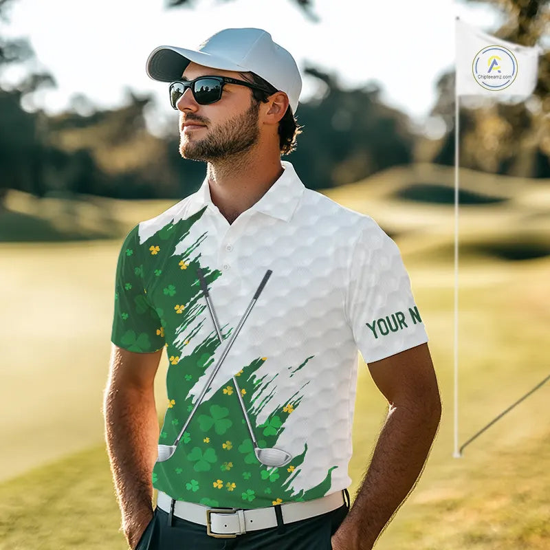 Green clover pattern St Patrick's day custom white Mens golf polo shirts, team mens golf tops NQS11421