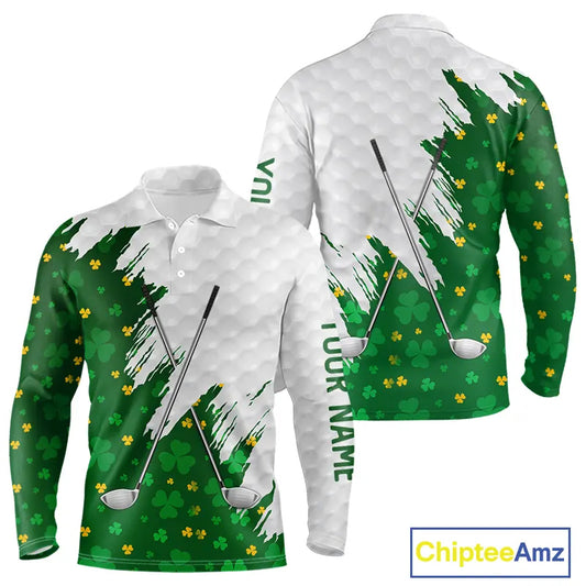 Green clover pattern St Patrick's day custom white Mens golf polo shirts, team mens golf tops NQS11421