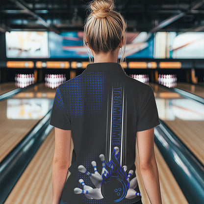 Personalized Black and Blue Flame Bowling Polo, Quarter Zip Shirt For Women Custom Bowling Team Jersey NQS9497
