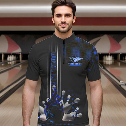 Personalized Black and Blue Flame Bowling Polo, Quarter Zip Shirts For Men Custom Bowling Team Jerseys NQS9497