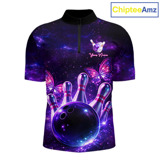Custom Purple Galaxy Butterfly Bowling Shirts For Men, Bowling Team Shirt With Butterflies NQS11627