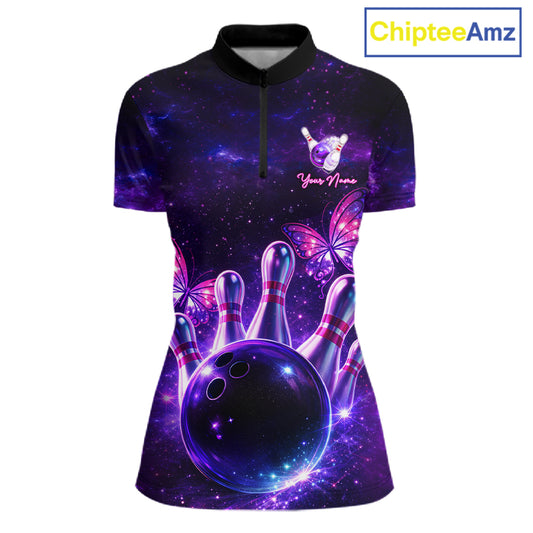 Custom Purple Galaxy Butterfly Bowling Shirts For Women, Bowling Team Shirt With Butterflies NQS11627
