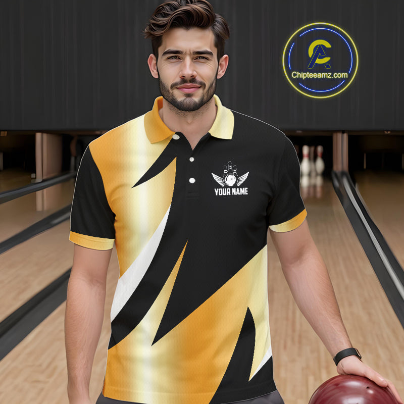 Black and Gold Bowling ball wings Bowling Polo, Quarter Zip Shirts for Men Custom Bowling Team jersey NQS11043