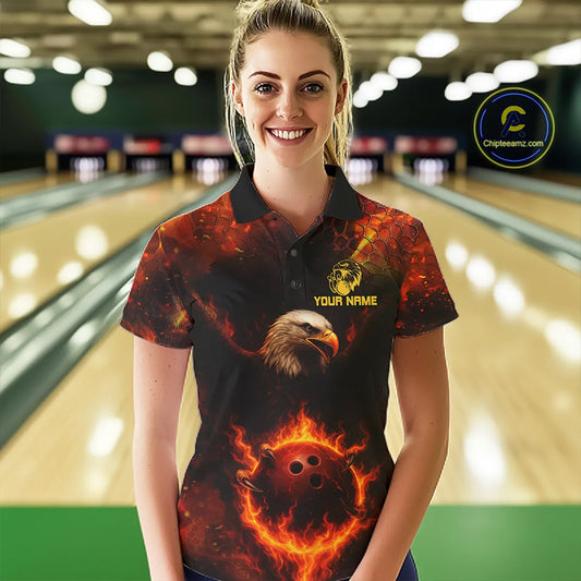 Personalized Flame Eagle Bowling Polo, Quarter Zip Shirts For Women Custom Team Eagle Bowling Jerseys NQS11236