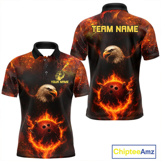 Personalized Flame Eagle Bowling Polo, Quarter Zip Shirts For Men Custom Team Eagle Bowling Jerseys NQS11236