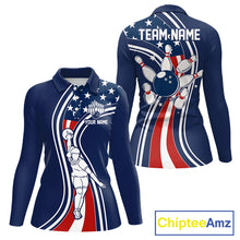 Load image into Gallery viewer, Retro bowling Polo, 1/4 Zip shirt for Women Custom American flag patriotic team bowling jersey | Navy NQS11430