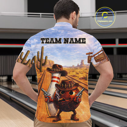 Funny desert Bowling Cowboy gun Bowling Polo, 1/4 zip shirts Custom bowling team jerseys NQS11434