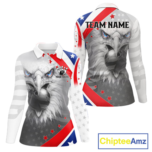 Red, White and Blue US Flag Eagle Bowling Shirts For Women Custom Patriotic Team Bowling Jersey NQS11632