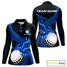 Load image into Gallery viewer, Black &amp; Blue Golf ball Flame Golf Polo Shirts For Women Custom ladies's golf clothing, best golf gift NQS10864