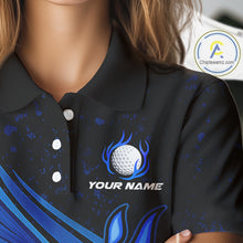 Load image into Gallery viewer, Black &amp; Blue Golf ball Flame Golf Polo Shirts For Women Custom ladies's golf clothing, best golf gift NQS10864
