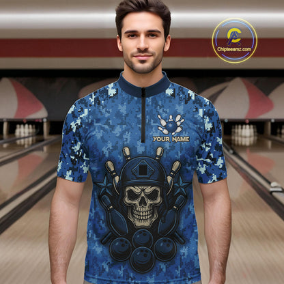 Blue Camo American Flag Veteran Skull Bowling Shirts For Men Custom patriotic Bowling Team Jerseys NQS11047