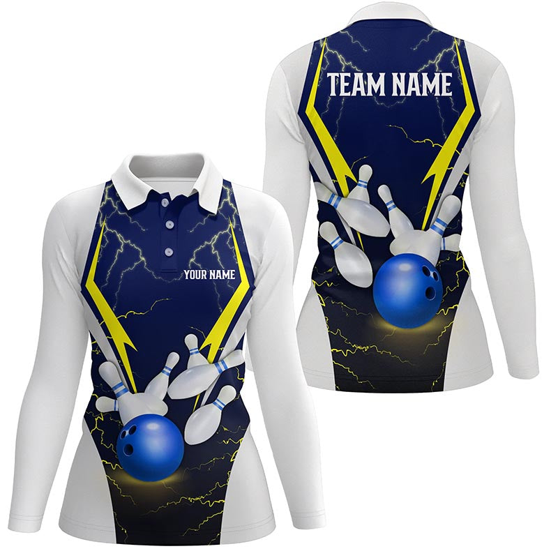 Blue lightning thunder bowling ball and pins custom Women Bowling Polo Shirts, team bowling jerseys NQS7455