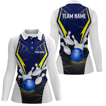 Blue lightning thunder bowling ball and pins custom Women Bowling Polo Shirts, team bowling jerseys NQS7455