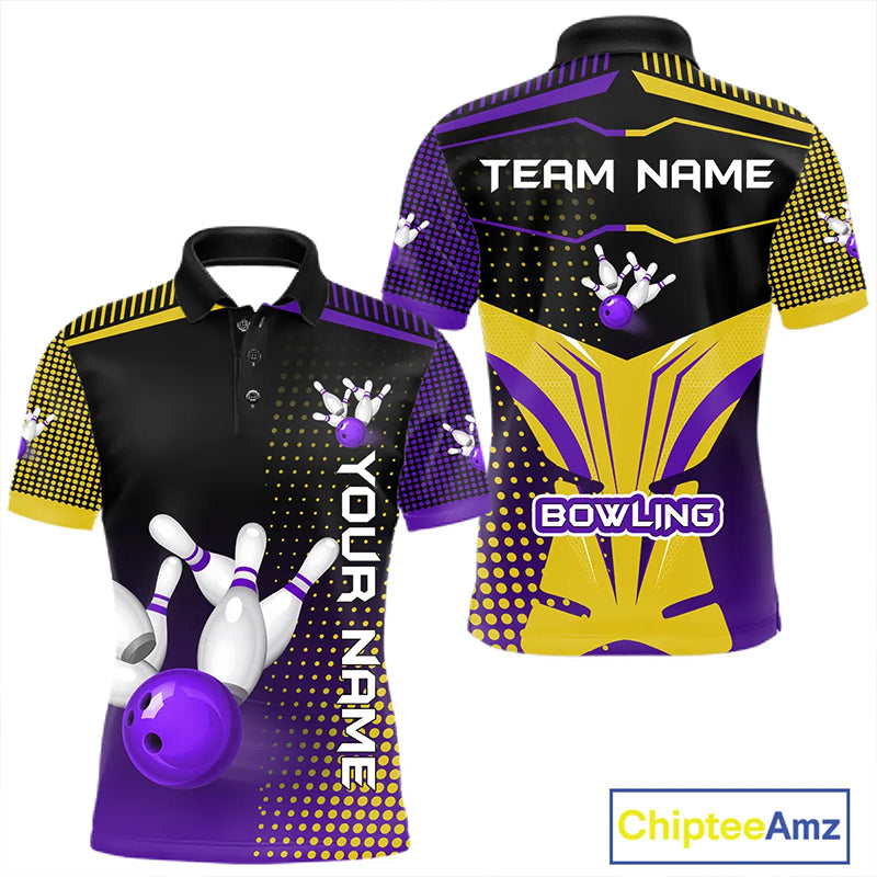 Yellow and Purple pattern Bowling shirts For Men Custom Team Bowling Jerseys, Gift For Bowler NQS11242
