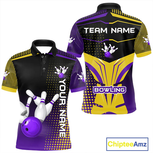 Yellow and Purple pattern Bowling shirts For Men Custom Team Bowling Jerseys, Gift For Bowler NQS11242