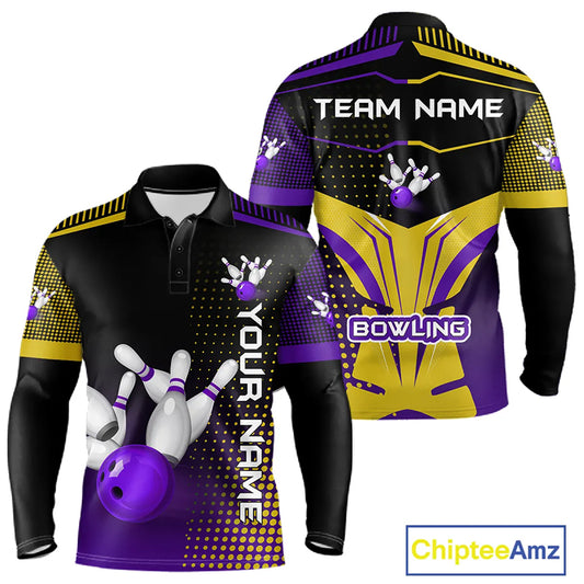 Yellow and Purple pattern Bowling shirts For Men Custom Team Bowling Jerseys, Gift For Bowler NQS11242
