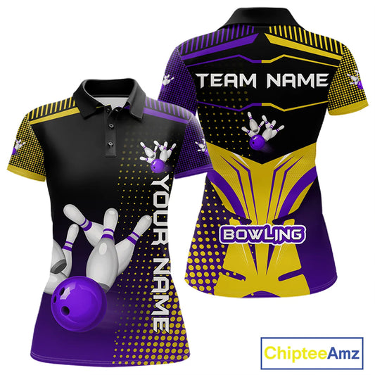 Yellow and Purple pattern Bowling shirts For Women Custom Team Bowling Jerseys, Gift For Bowler NQS11242