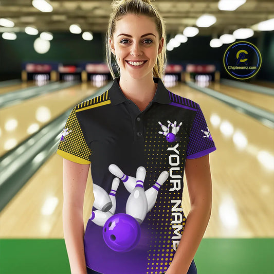 Yellow and Purple pattern Bowling shirts For Women Custom Team Bowling Jerseys, Gift For Bowler NQS11242