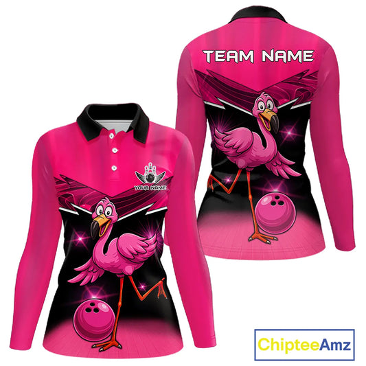 Funny Pink Flamingo Bowling Polo, 1/4 zip shirts for Women Custom Flamingo Team bowling outfit NQS11248