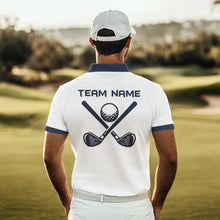 Load image into Gallery viewer, Blue and White Mens golf polo shirts custom golf attire for mens, personalized golf gifts NQS9376