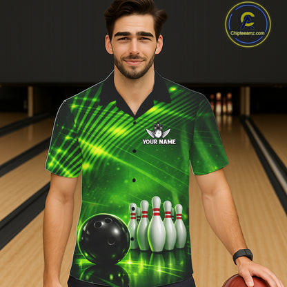 Green Light Bowling Hawaiian Shirt Custom Bowling Team Button-up shirt, Gift For Bowlers NQS11737