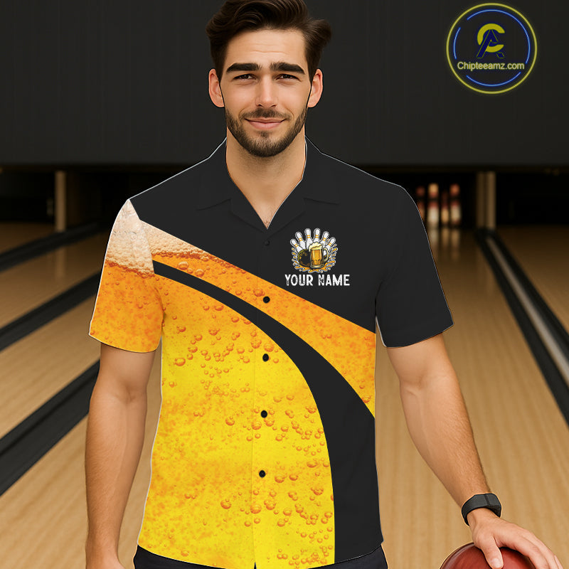 Custom Yellow Funny Beer Bowling Hawaiian Jersey Bowling Uniform Button-up Bowling Team Shirts NQS11646