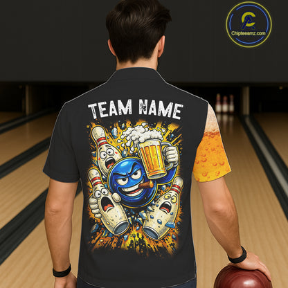 Custom Yellow Funny Beer Bowling Hawaiian Jersey Bowling Uniform Button-up Bowling Team Shirts NQS11646