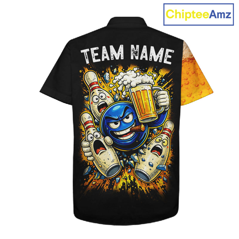 Custom Yellow Funny Beer Bowling Hawaiian Jersey Bowling Uniform Button-up Bowling Team Shirts NQS11646