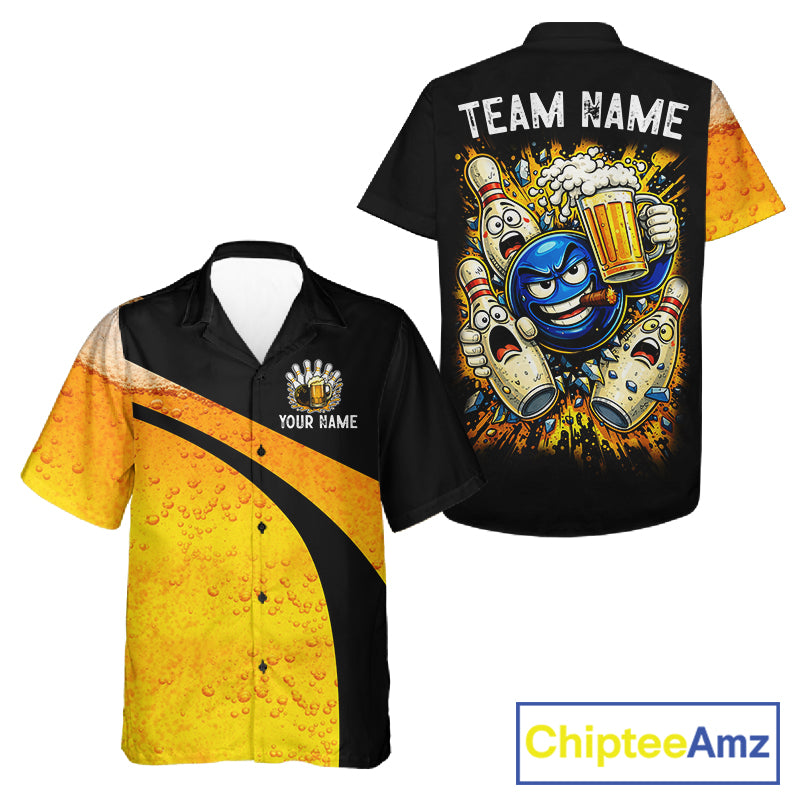 Custom Yellow Funny Beer Bowling Hawaiian Jersey Bowling Uniform Button-up Bowling Team Shirts NQS11646