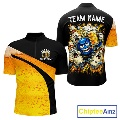 Custom Yellow Funny Beer Bowling Jersey for Men Bowling Uniform Polo & 1/4 Zip Bowling Team Shirts NQS11646