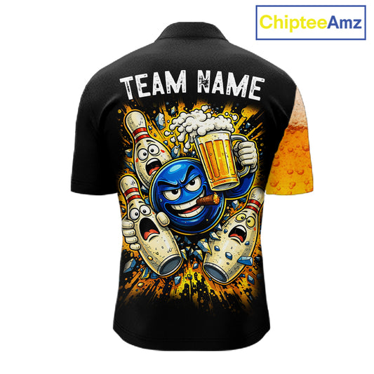 Custom Yellow Funny Beer Bowling Jersey for Men Bowling Uniform Polo & 1/4 Zip Bowling Team Shirts NQS11646