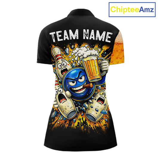 Custom Yellow Funny Beer Bowling Jersey for Women Bowling Uniform Polo & 1/4 Zip Bowling Team Shirts NQS11646