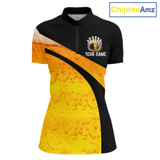 Custom Yellow Funny Beer Bowling Jersey for Women Bowling Uniform Polo & 1/4 Zip Bowling Team Shirts NQS11646