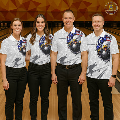 Personalized American Flag Skull Eagle Camo Bowling Team Shirts For Men, Patriotic Bowling Outfits NQS11648