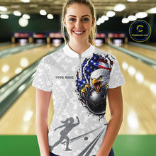 Load image into Gallery viewer, Personalized American Flag Skull Eagle Camo Bowling Team Shirts For Women, Patriotic Bowling Outfits NQS11648