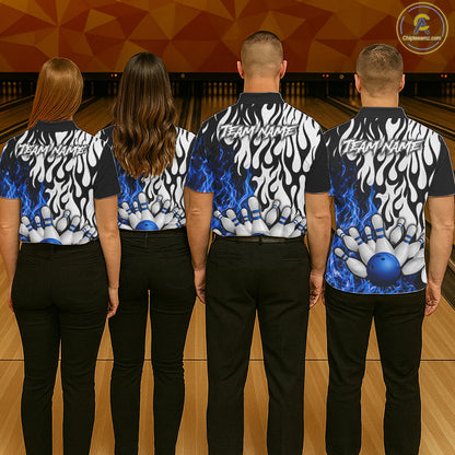 Black, White and Blue Flame Bowling Polo, Quarter Zip Shirts For Men Custom Bowling Team Jerseys NQS11739