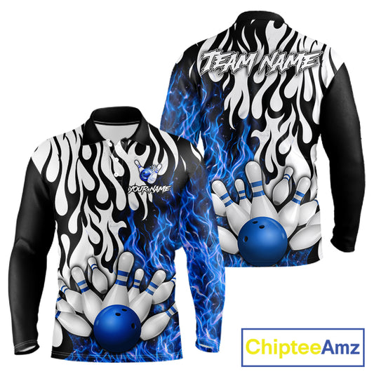 Black, White and Blue Flame Bowling Polo, Quarter Zip Shirts For Men Custom Bowling Team Jerseys NQS11739