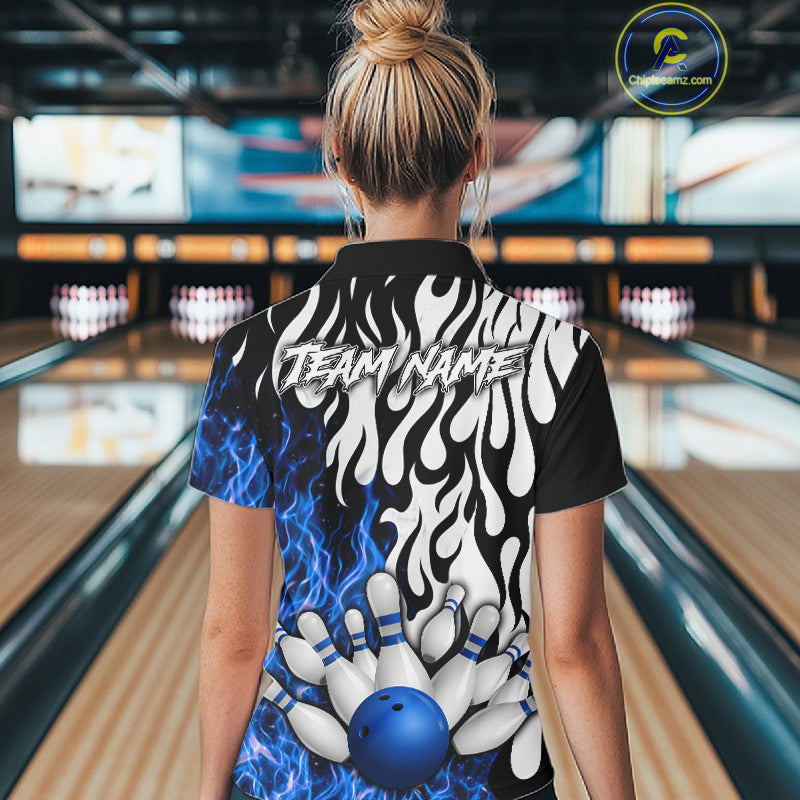 Black, White and Blue Flame Bowling Polo, Quarter Zip Shirts For Women Custom Bowling Team Jerseys NQS11739