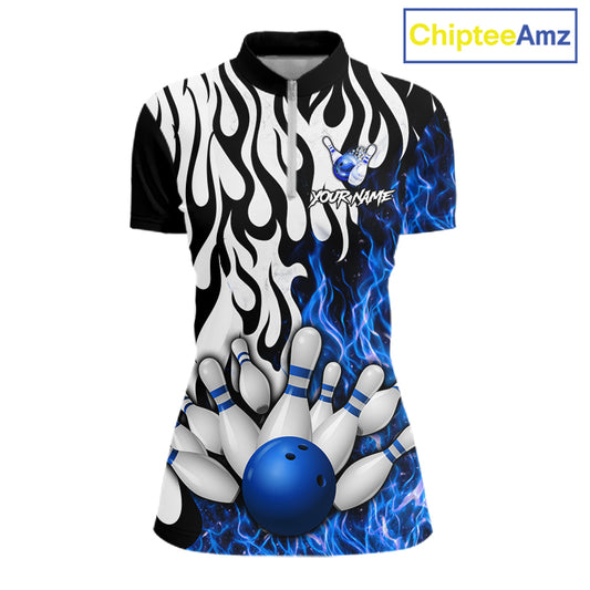Black, White and Blue Flame Bowling Polo, Quarter Zip Shirts For Women Custom Bowling Team Jerseys NQS11739