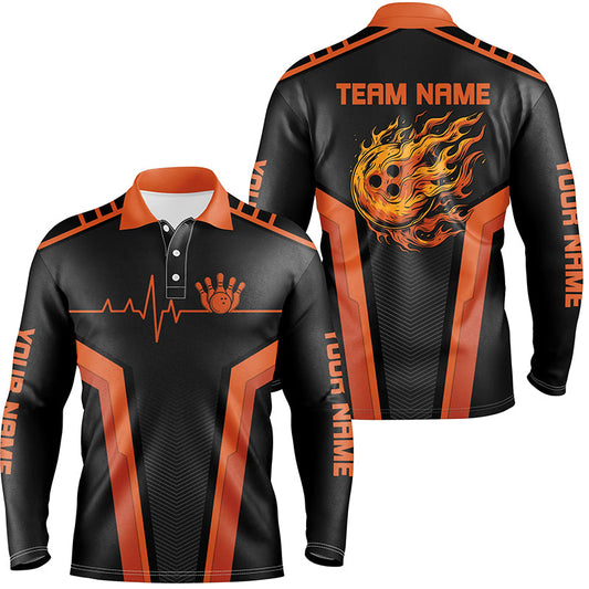 Black and orange Flame Bowling shirts for men custom Bowling Ball Pins heartbeat team bowling shirts NQS7827