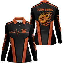 Load image into Gallery viewer, Black and orange Flame Bowling shirts for Women custom Bowling Ball Pins heartbeat team bowling shirts NQS7827