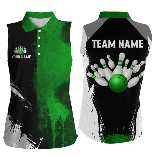 Black and Green Bowling Sleeveless Polo For Women Custom Bowling Team jerseys, gift for bowlers NQS8259