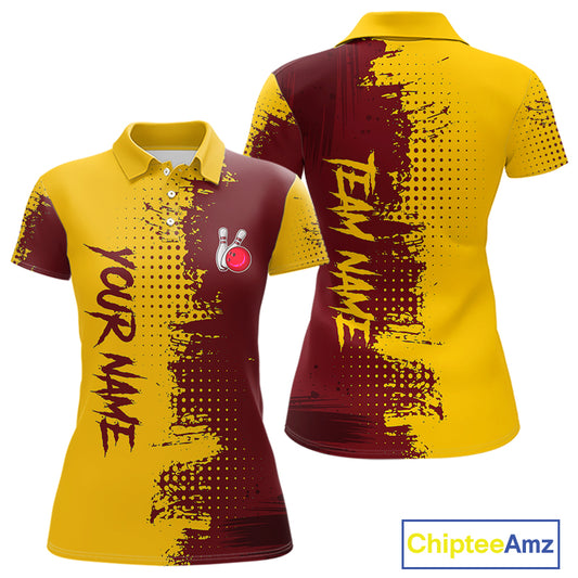 Yellow and Red Bowling Polo, Quarter Zip shirts for Women Custom Bowling Team Jerseys NQS10882
