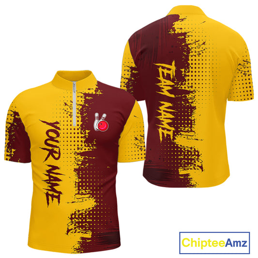 Yellow and Red Bowling Polo, Quarter Zip shirts for Men Custom Bowling Team Jerseys NQS10882